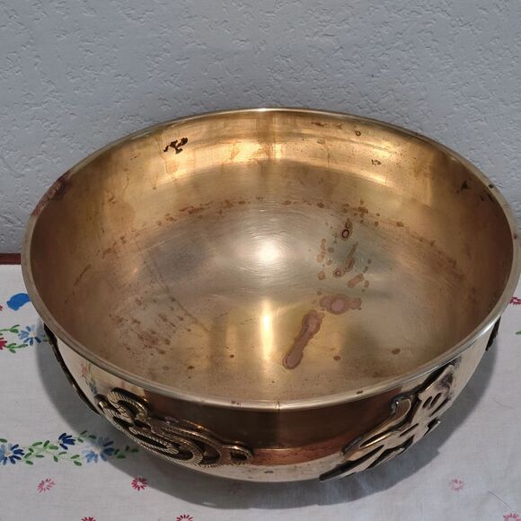 Large Vintage Brass Bowl with Chinese Characters Chinoiserie MCM Patina planter - Picture 15 of 15